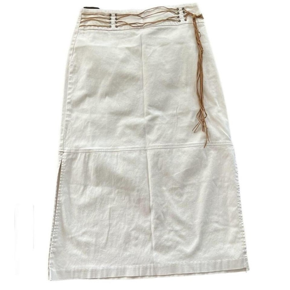 First Option Womens Y2K Western Midi Skirt Lace Up Side Slit Cream Boho L-XL